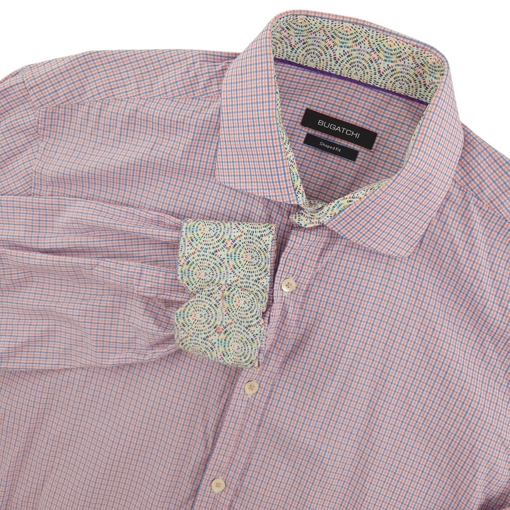 Bugatchi Shirt Mens L Pink Check‎ Long Sleeve Button Up Cotton Slim Fit